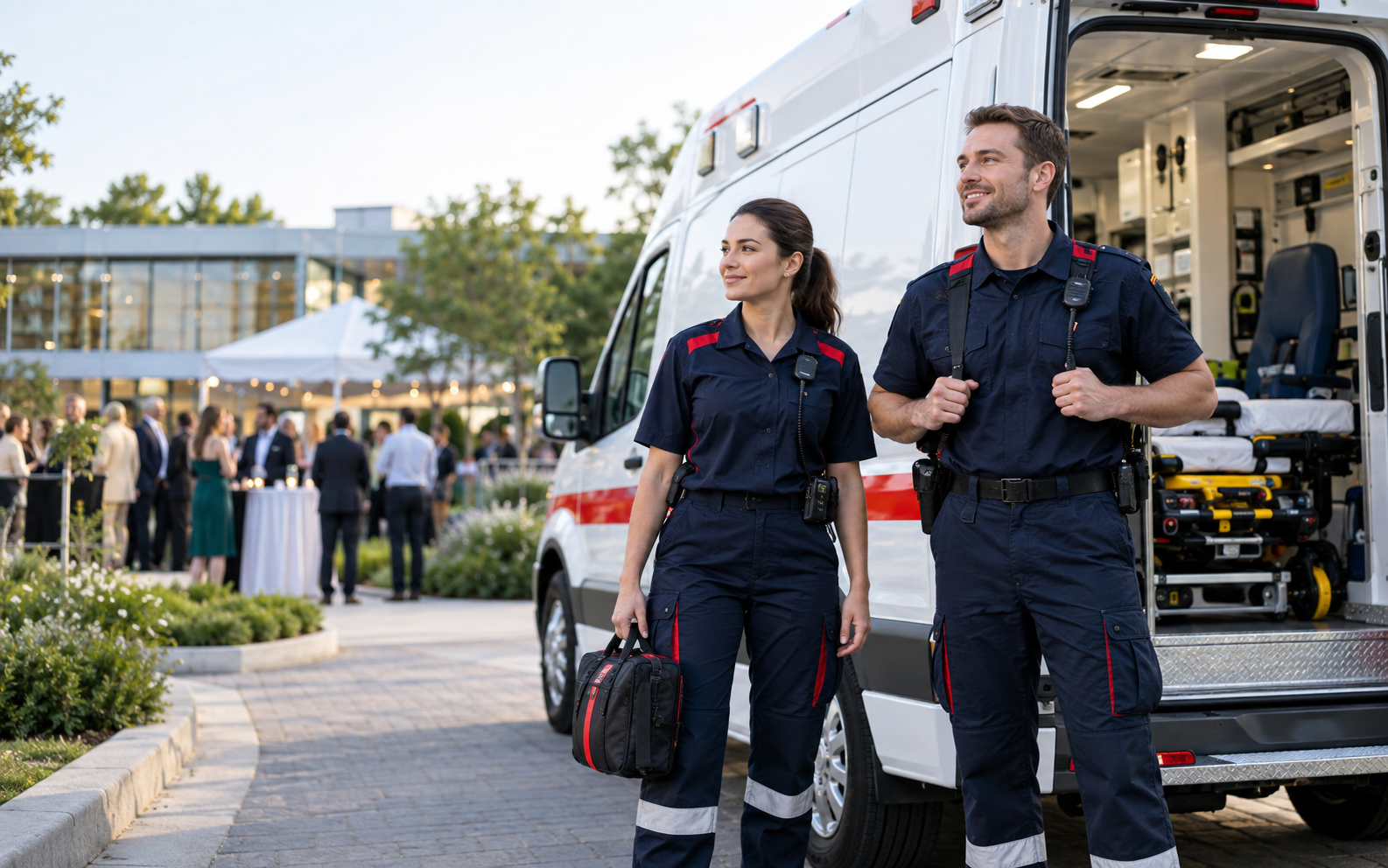 Ambulância e equipe médica em evento organizado